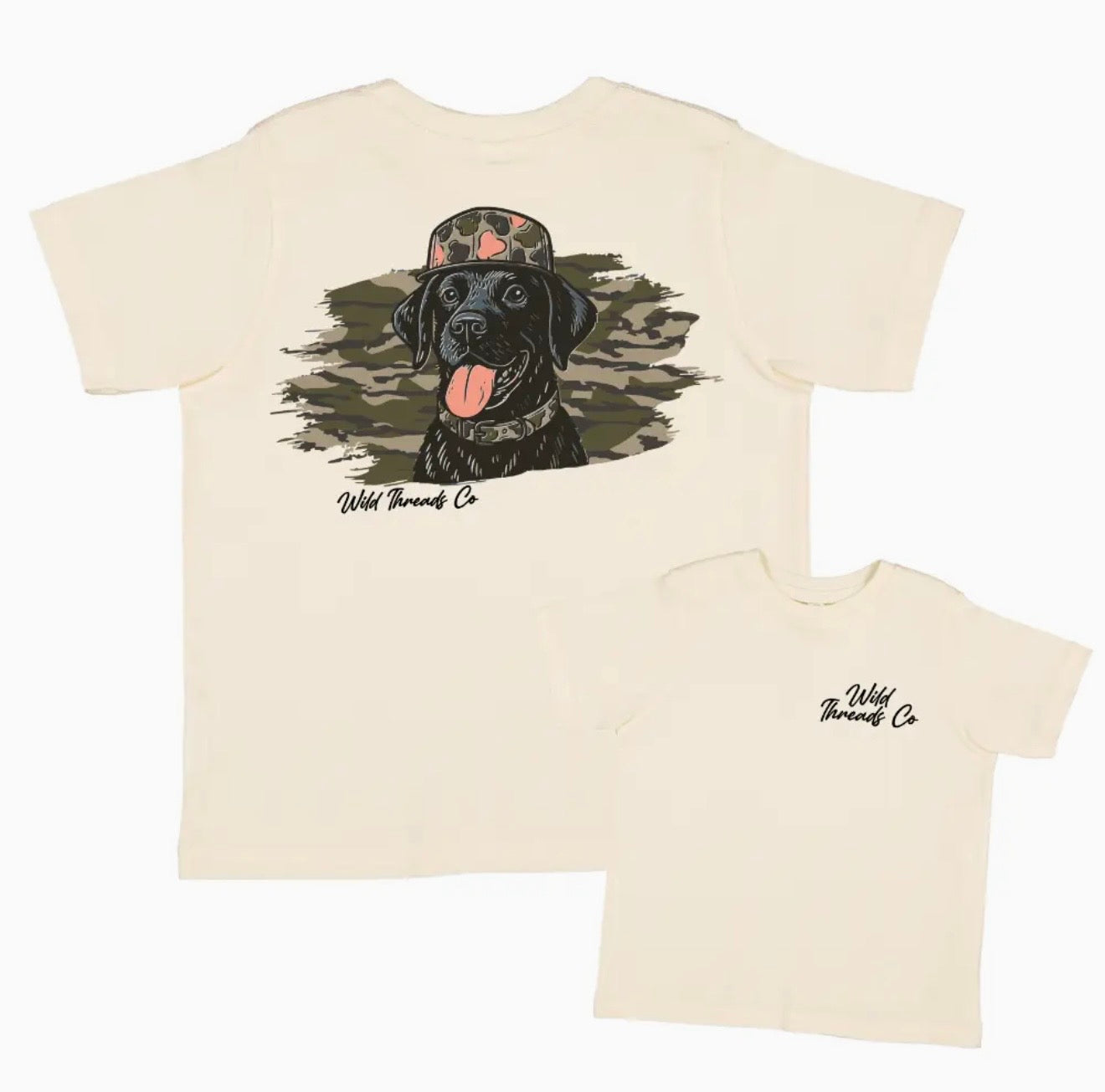 Beige t-shirt with a graphic of a black dog wearing a camouflage hat and 'Wild Threads Co' text on a white background.
