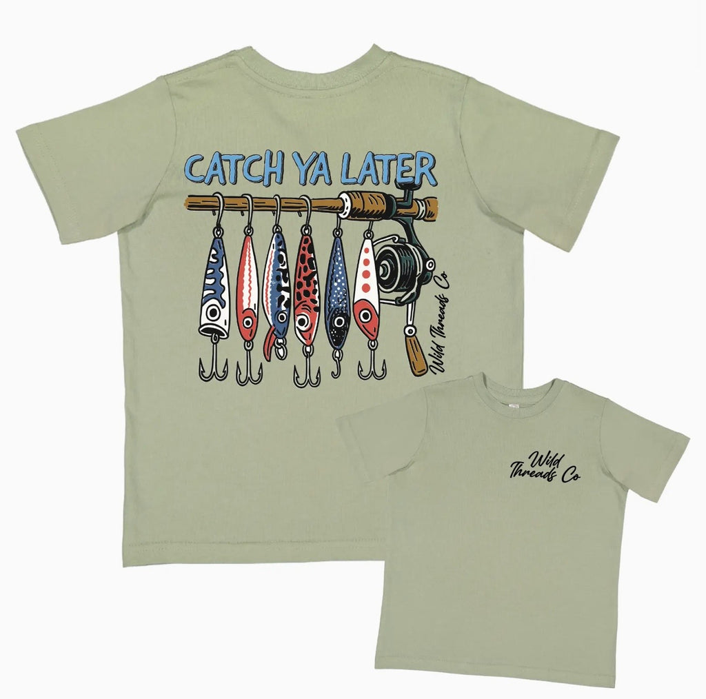 Light green t-shirt with fishing lure design and 'Catch Ya Later' text 