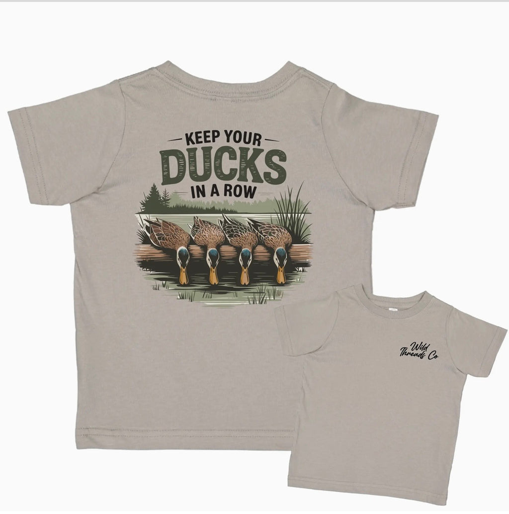 Grey t-shirt with duck graphic and text “Keep your ducks in a row”