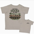 Grey t-shirt with duck graphic and text “Keep your ducks in a row”