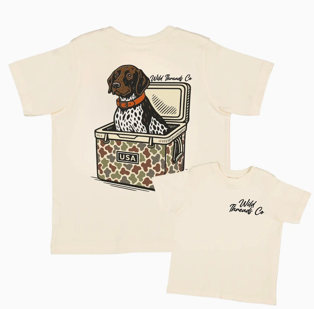 Beige t-shirt with a graphic of a dog in a cooler and 'The Wild Threads Co' 