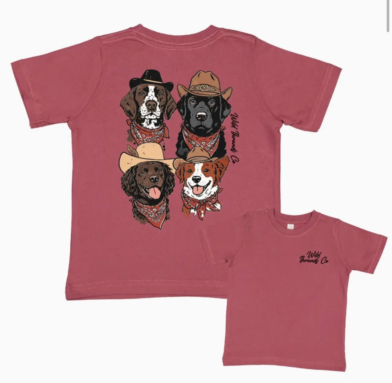 Maroon t-shirt with dog illustrations and 'Wild Things Co' branding