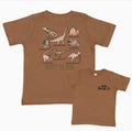 Brown t-shirt with dinosaur illustrations on the back and text on the front, displayed on a brown shirt.