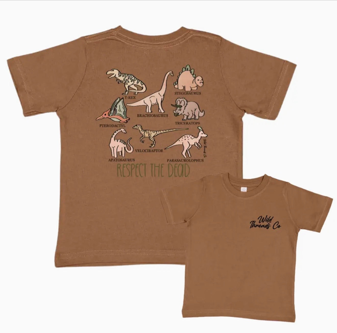 Brown t-shirt with dinosaur illustrations on the back and text on the front, displayed on a brown shirt.