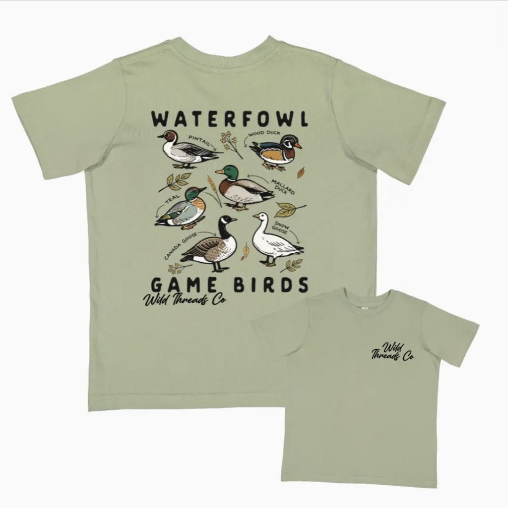 Light green t-shirt with bird illustrations and text on a t-shirt. 