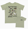 Light green t-shirt with bird illustrations and text on a t-shirt. 